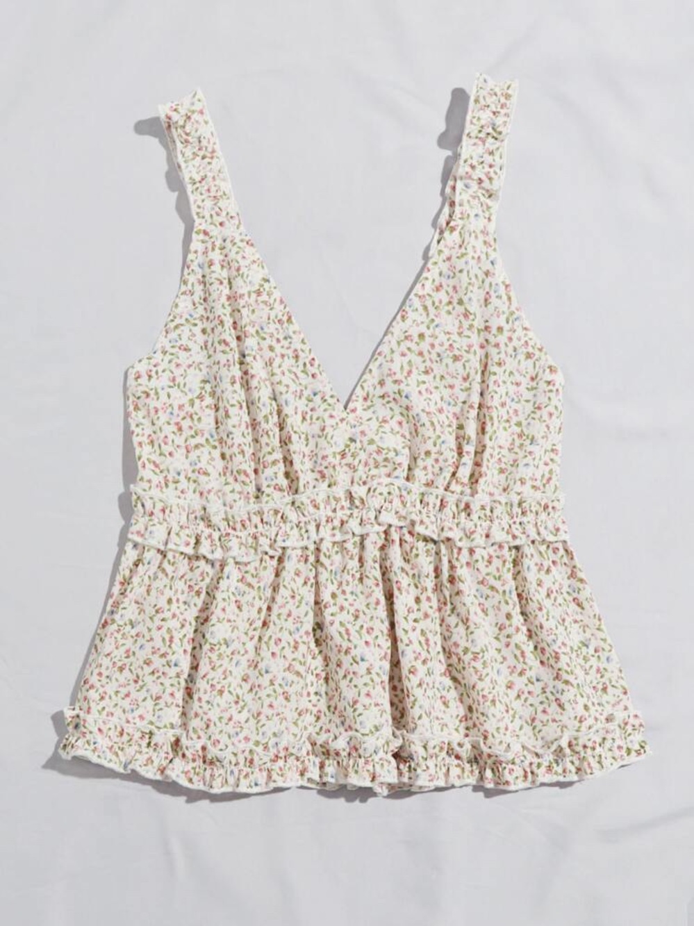 Floral V-Neck Ruffle Tank Top - Cream
